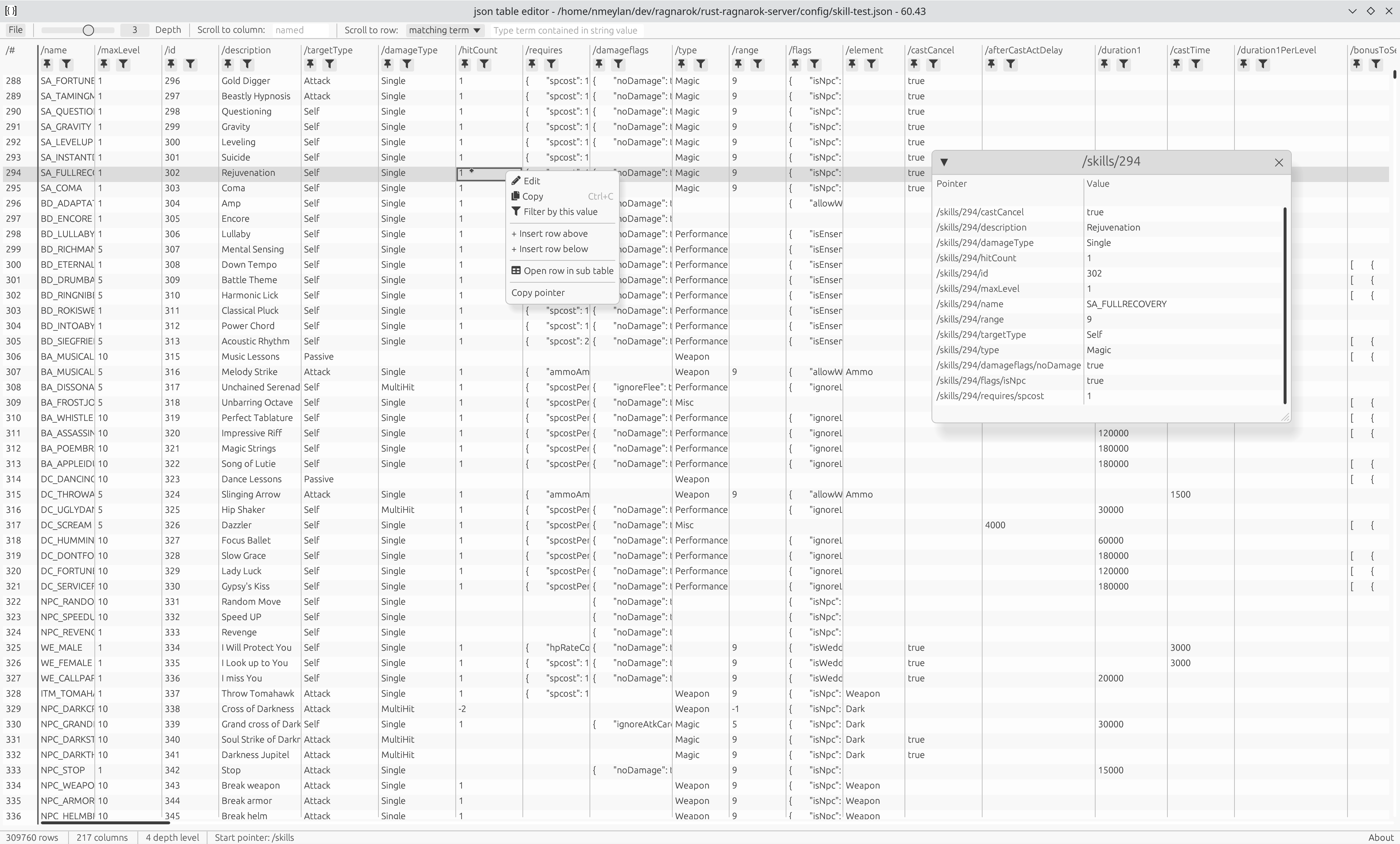 A screenshot of json table editor application